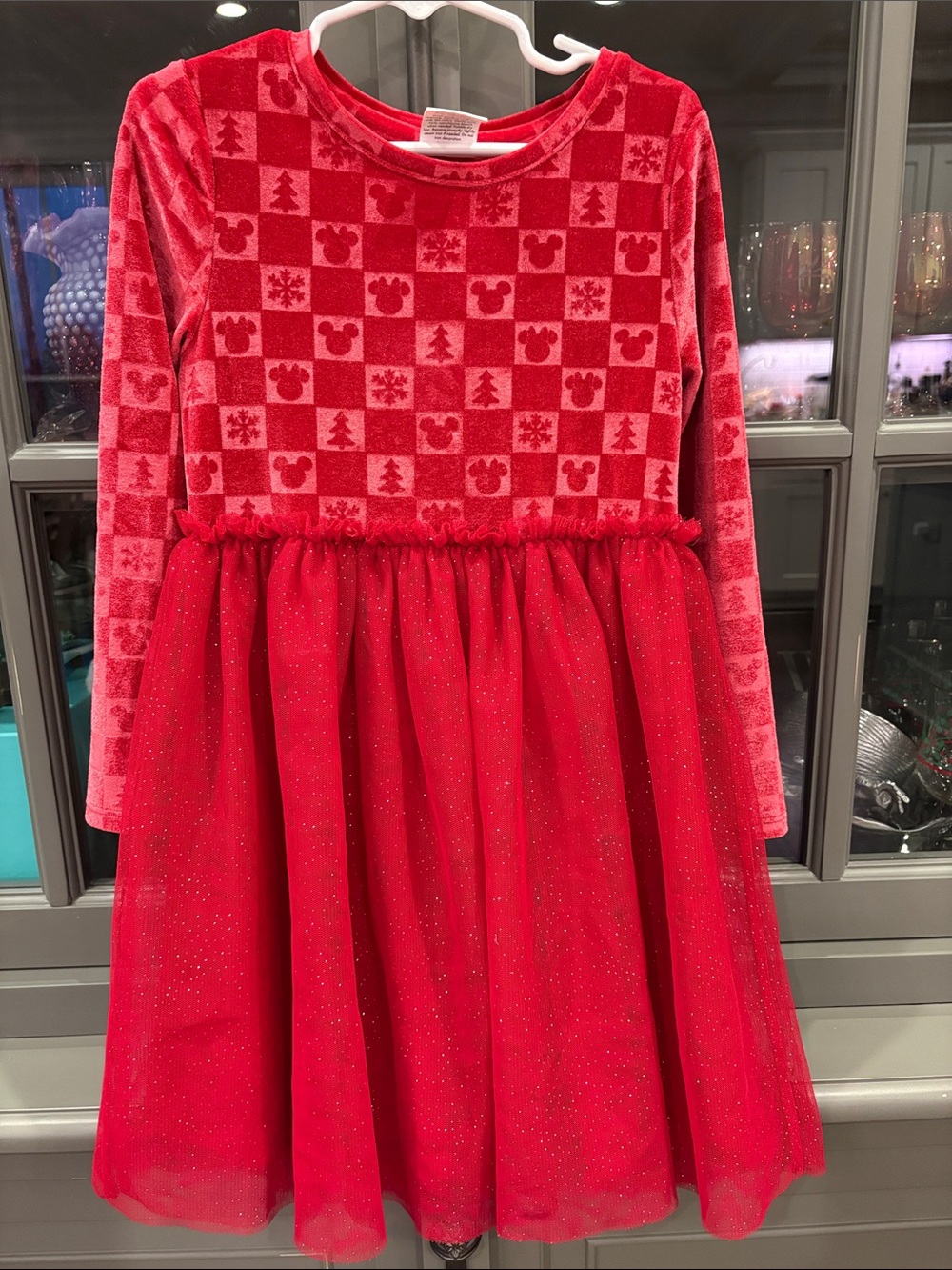 Mickey and Minnie Mouse Red Velvet-Patterned Tulle Christmas Dress